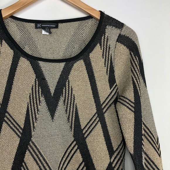 INC International Concepts Geometric Print Sweater Black Tan Pullover Knit XS - Picture 2 of 5